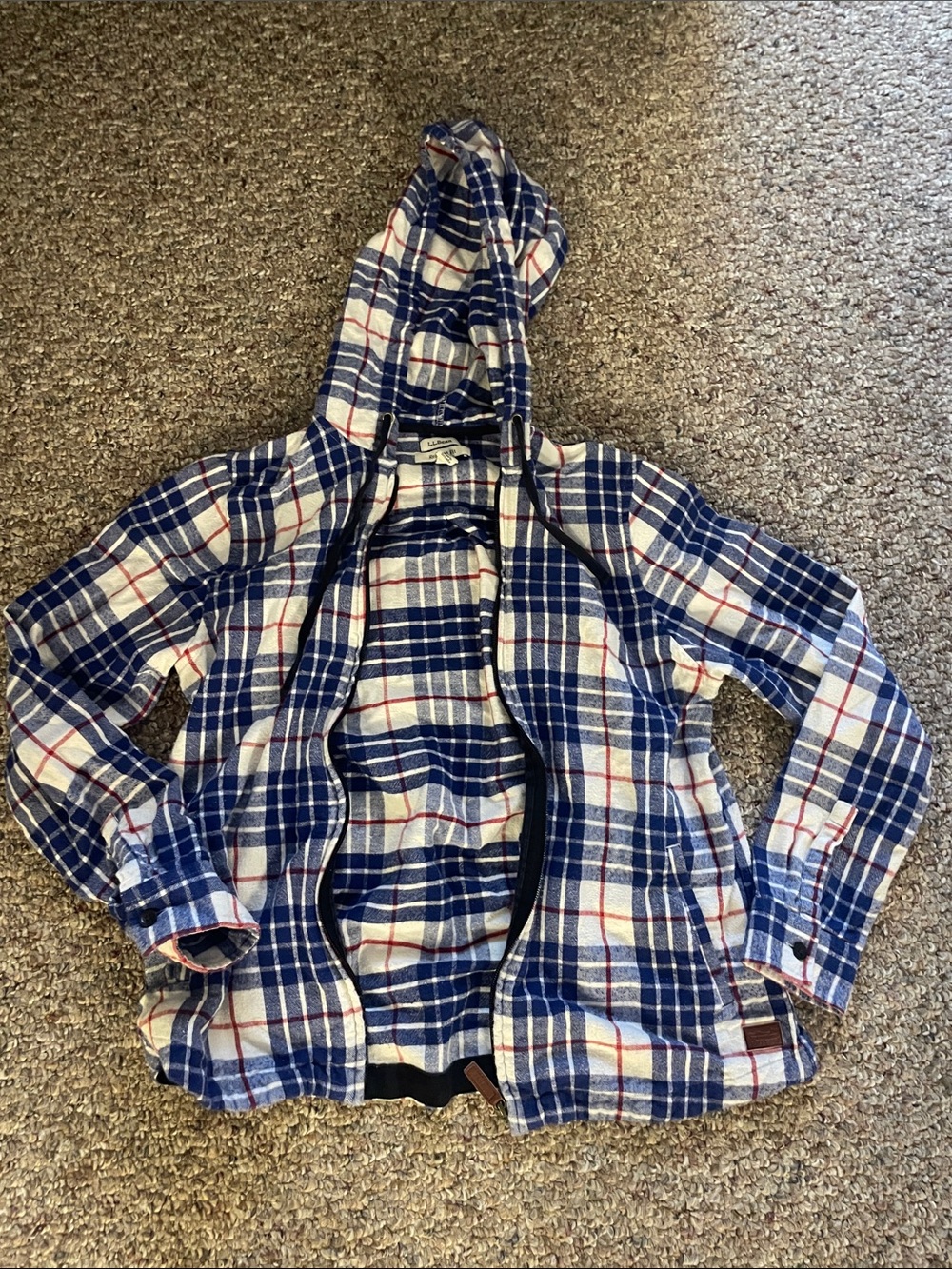 L.L. Bean Womens Hooded Plaid Shirt Jacket - Blue, White & Red Accent